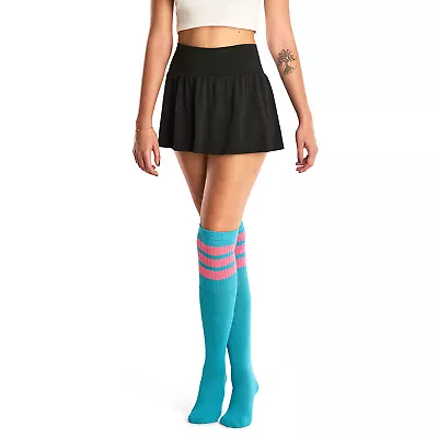 Skatersocks 30 Inch Overknee High Striped Tube Socks IN Retro Style Aqua /Pnk • $22.47