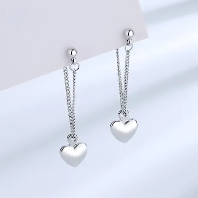 925 Sterling Silver Love Heart Drop/Dangle Chain Earrings Women Girl Gift UK • £3.39