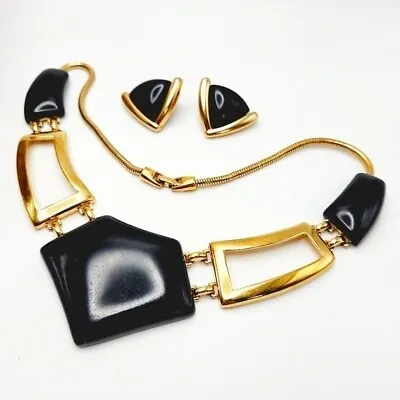 Vintage Monet Black Enamel & Gold Statement Triangular Necklace & Earring Set • $64