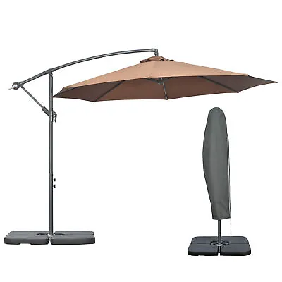 Outsunny 3(m) Banana Parasol Cantilever Umbrella Garden W/ Base Weights Coffee • £119.99