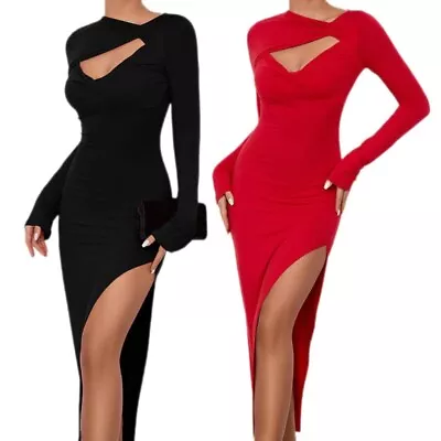 Vintage Solid Midi Dress Casual Long Sleeve Spring Thigh Slit Hollow Out Dress • $37.59