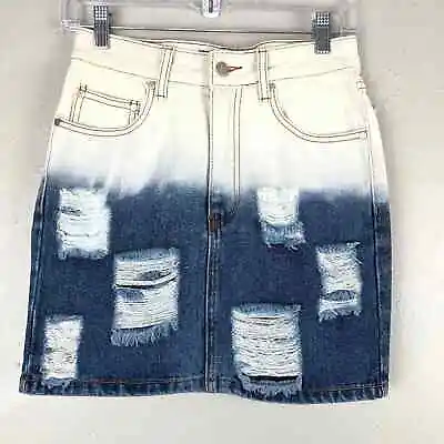 MINKPINK Blue Distressed Bleached Dyed Festival Denim Jean Straight Pencil Skirt • $10