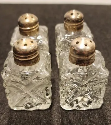 Vintage Mid Century I W Rice Hand Cut Glass Salt Pepper Shakers 1” Set Of Four • $12