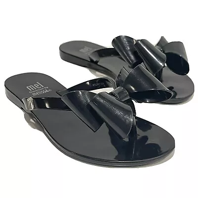 Mel Dreamed By Melissa Harmonic Glitter Bow Thong Jelly Black Sandal Girls Sz 12 • $17.99