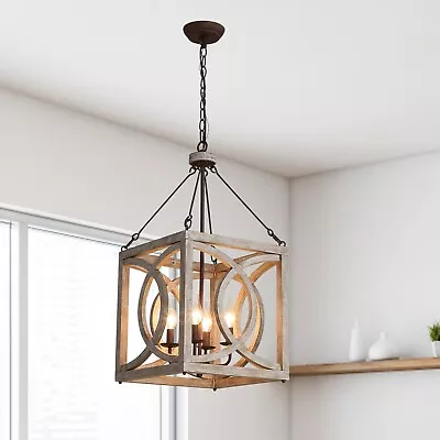 4-Light Farmhouse Wood Chandelier Square Rustic Entryway Dining Pendant Fixture • $119.99