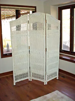 Boho White Wicker Rattan Room Divider Changing Screen 71 X60  Folding 3 Panel • $494.99