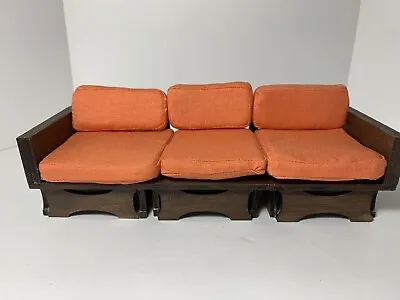 Mid Century Modern Sofa 1:12 Scale Doll House Miniature Couch Wood Brown Orange • $99.99