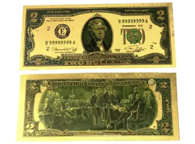 $2 GOLD Plated Foil  Dollar Bill - Novelty Note In Plastic Sleeve • $3.75