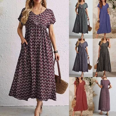 Plus Size Womens Floral Maxi Dress Ladies V Neck Holiday Loose Beach Swing Dress • $36.99