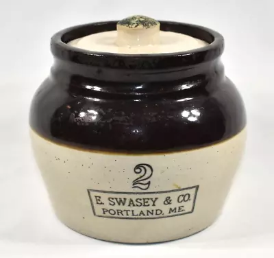 Antique 2 Quart Swasey & Co Portland ME Bean Pot Crock Stoneware Jug Handle Lid • $79.99