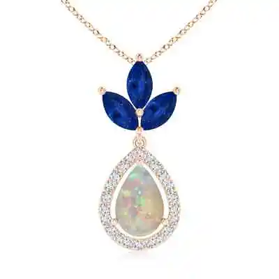 ANGARA Floating Opal And Diamond Halo Pendant With Sapphires In 14K Solid Gold • $1442.32