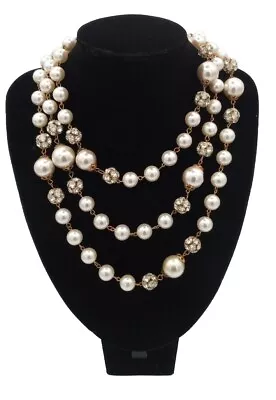 Vintage Granny Nolan Miller Style Long Faux Pearl Rhinestone Clasp Necklace 60” • $19.99