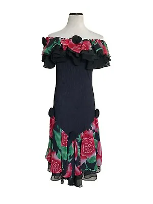 Vtg Les Americains Rose Print Dress Black Red Sz M (8) ? Cha Cha Off Shoulder • $149.90