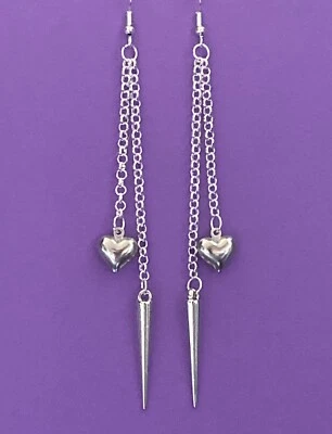 £5.25 • Buy Handmade Silver Chain Double Long Drop Waterfall Earrings & Silver Spike & Heart