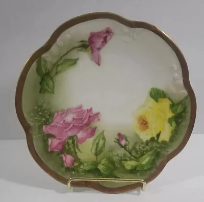 Vintage A. Lanternier Limoges Yellow Pink Rose 7 1/2  Hand Painted Gold Salad • $17.95