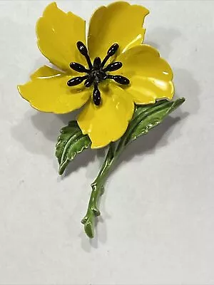 Vtg.retro Flower Power Open Bright Yellow Hand Painted Leave Stem Enamel Brooch • $11.40