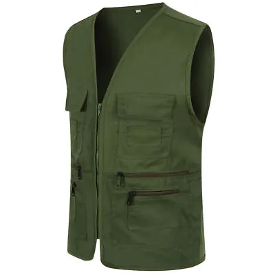 Mens Multi Pocket Utility Cargo Vest Fishing Hiking Camping Gilet Waistcoat Tops • £17.59