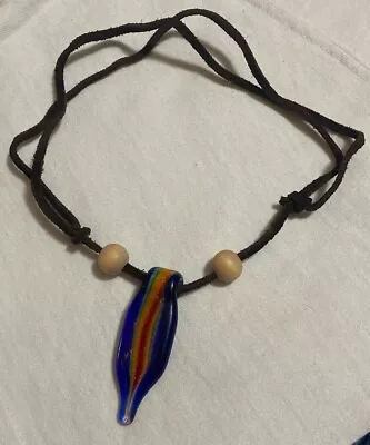 Cobalt Blue & Dichroic Rainbow Handblown Boro Glass Pendant Adjustable Necklace • $39.99