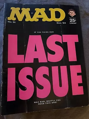 Mad Magazine #91 December 1964 G- See Split Spine BARGAIN￼ Shipping Included • $10.90