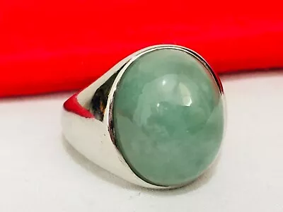 Vintage 925 CP SIGNED Sterling Silver Oval Green White Color AGATE RING Size 8 • $69.95