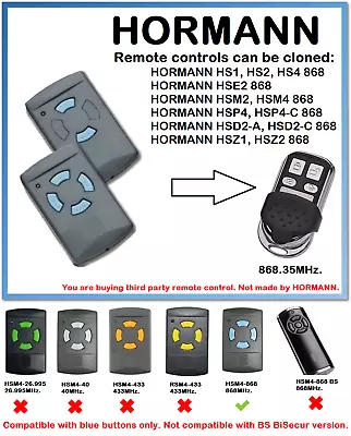 For HORMANN HSM2 HSM4 868 Fixed Code Remote Control Duplicator 868.35MHz. • £7.99