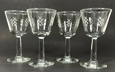 Vintage Crystal Sherry Liqueur Glasses Etched Barware Stemware Art Deco Set Of 4 • $39.97