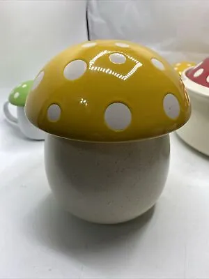 WORLD MARKET Mushroom Cookie Jar Yellow Cover With White Spots 8” Tall Ju • $29.99