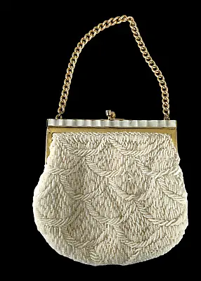 Beautiful Vintage White Beaded Purse/Bag/Clutch Estate GOLD CHAIN SILK LINING • $7.98