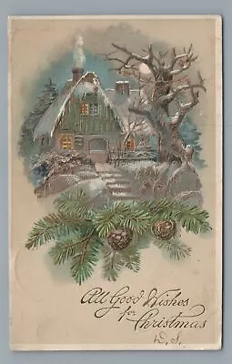 All Good Wishes For CHRISTMAS House Pine Needles Old Tree Vintage Postcard • $4.99