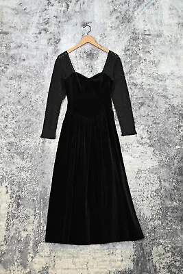 Vintage Laura Ashley Black Velvet Lace Victorian Gothic Midi Dress US 8 UK 12 • $89.99