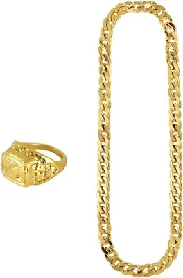 Kids Gold Gangster Chain+Ring Pimp Rapper Hip Hop Fancy Dress Halloween Costume • £5.55