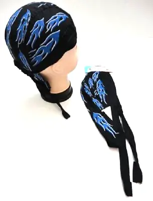 Skull Cap-Black With Blue Flames Du Doo Rag Head Wrap Cotton Motorcycle | QTY 12 • $5.98