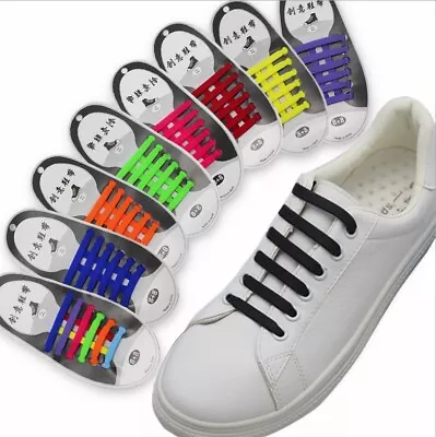 Easy No Tie Rubber Shoe Laces Colored Trainers Snickers Kids + Adults 16 Pcs • £2.99