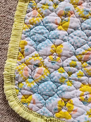 Vintage Crib Quilted Blanket Yellow Blue Dogs Elephants 35  X42   1970's • $19.99