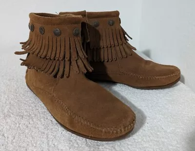 Minnetonka Women's Boots Double Fringe Side Zip Size 8 Brown Suede • $22.99