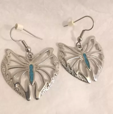 VTG Navajo Native Signed Sterling Silver Turquoise Butterfly Dangle Earrings • $19.95