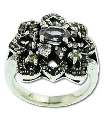 Sterling Silver 24 Marcasite 13 Amethyst Flower Ring • $24.99