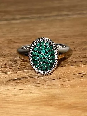 QVC 925 Sterling Silver Oval Shaped Pave Natural Emerald Ring ~ Size 10 • £29.18