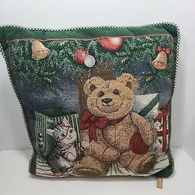 Vintage Christmas Country Tapestry Teddy Bear & Kitten Throw Pillow   • $14.99