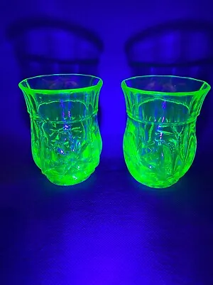 2  VINTAGE ART DECO URANIUM GREEN FLOWER GLASS TUMBLER GLASSES? VASES 10cm Tall • £25