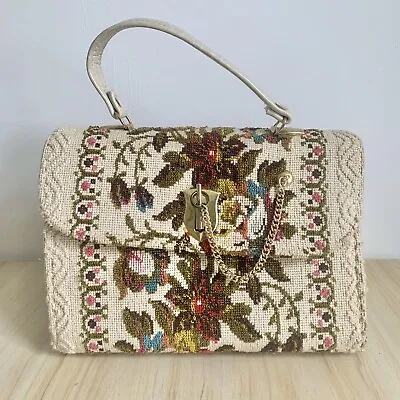 Vintage Tapestry Handbag 1960s 1970s Carpet Bag Structured Retro Chain Clasp • £40