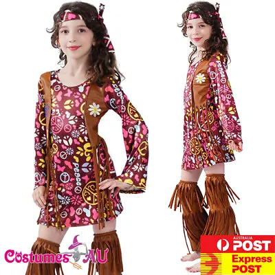$20.95 • Buy Kids Girls Hippie Hippy Costume 60s 70s Book Week Party 1970s 1960s Fancy Dress