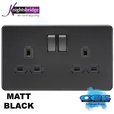 £11.25 • Buy Knightsbridge Screwless Flatplate 13amp 2 Gang Switched Socket Matt Black Black