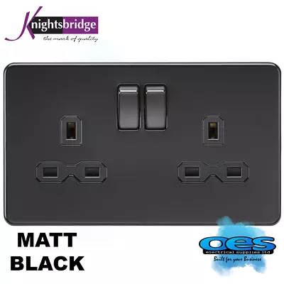 £11.25 • Buy Knightsbridge Screwless Flatplate 13amp 2 Gang Switched Socket Matt Black Black