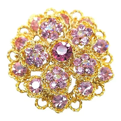 Vintage Pink Rhinestone Brooch Pendant Gold Tone Rope Twist Textured 2  Round • $19.99