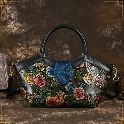 Women Fashion GENUINE LEATHER Hand Painted Handbag Ladies Flower Embossed Bag • $107.15