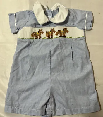 Anavini Smocked Boutique Horses Light Blue/White  Blue Toddler Dress Size 6M • $19.99