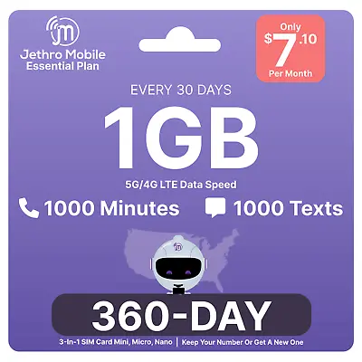 $7.10/Mo Jethro Mobile Prepaid Phone Plan: 1GB Data 1000 Talk & Text SIM Card • $85