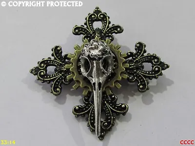 Steampunk Brooch Badge Pin Gothic Cross Silver Bird Skull Plague Mask Gearwheel • £5