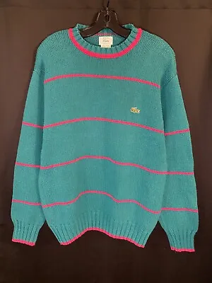Vintage 80s Lacoste Cotton Pullover Sweater Teal Pink Striped Preppy Retro Sz L • $37.49